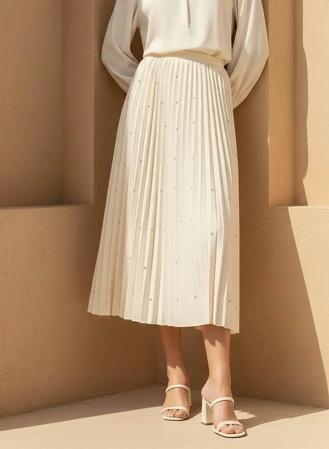 Iconic Iconic Midi Pleated Skirt with Embellished Detail